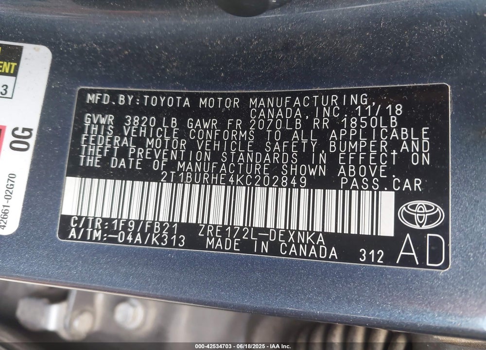 2019 TOYOTA COROLLA VIN: 2T1BURHE4KC202849