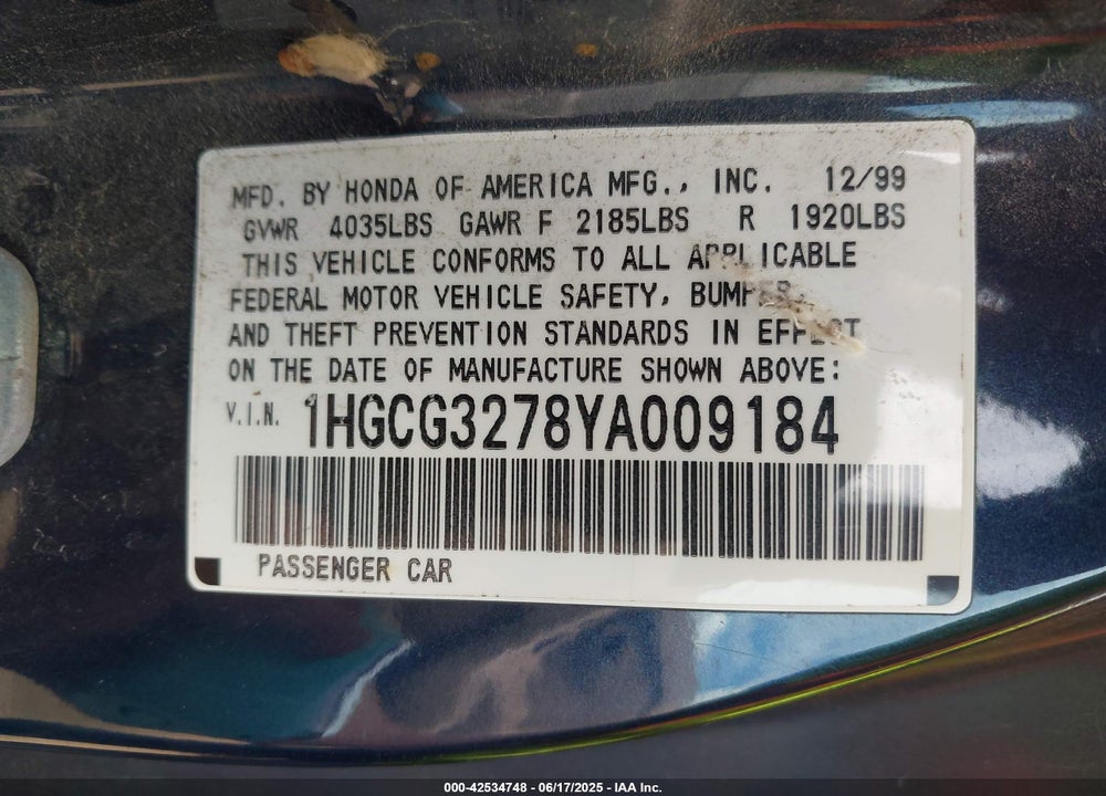 2000 HONDA ACCORD 2.3 EX VIN: 1HGCG3278YA009184