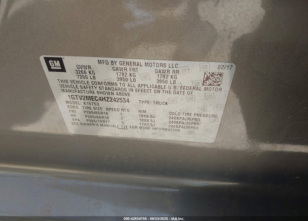 2017 GMC SIERRA 1500 SLE VIN: 1GTV2MEC4HZ242534