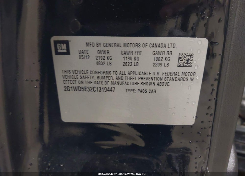 2012 CHEVROLET IMPALA VIN: 2G1WD5E32C1319447