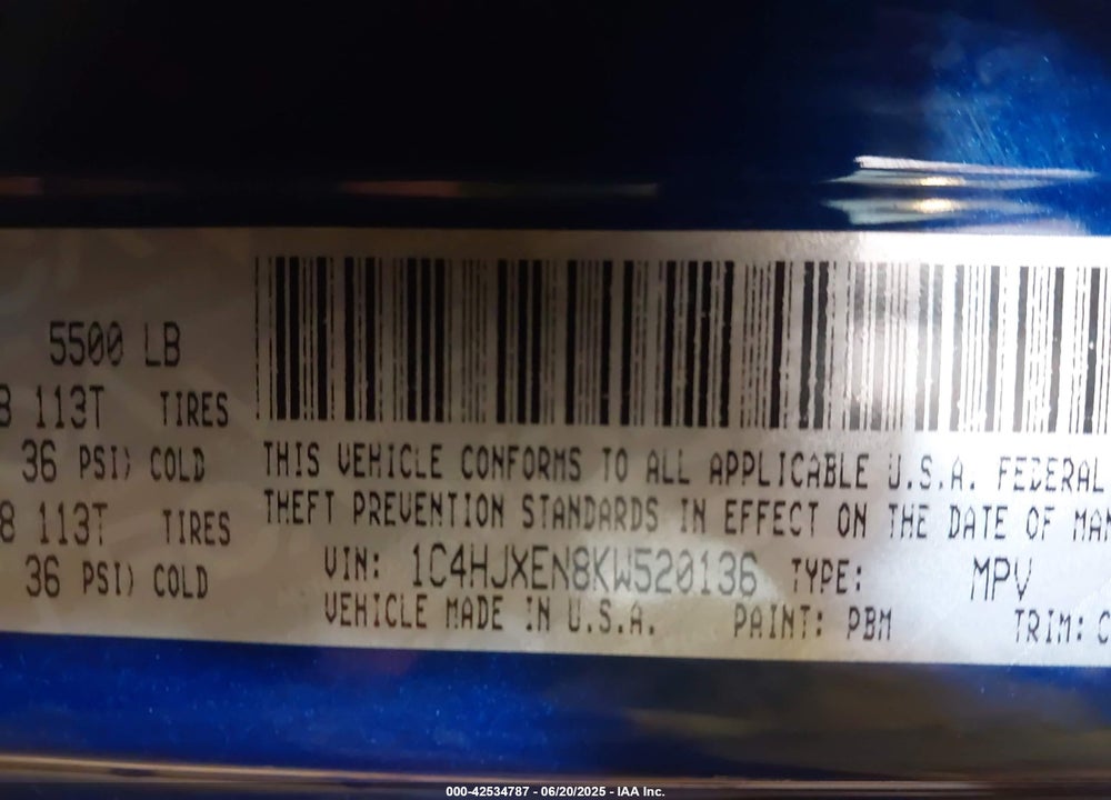 2019 JEEP WRANGLER UNLIMITED VIN: 1C4HJXEN8KW520136