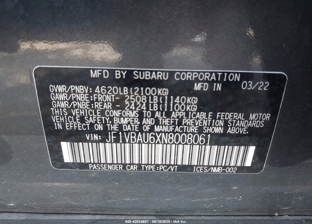 2022 SUBARU WRX VIN: JF1VBAU6XN8008061
