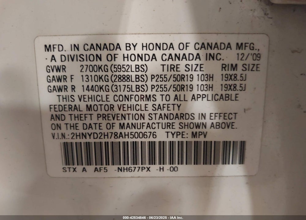 2010 ACURA MDX VIN: 2HNYD2H78AH500676