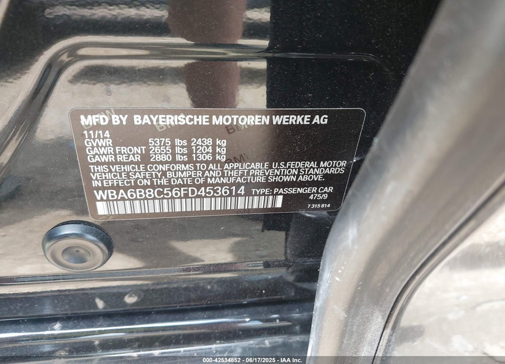 2015 BMW 6 SERIES VIN: WBA6B8C56FD453614