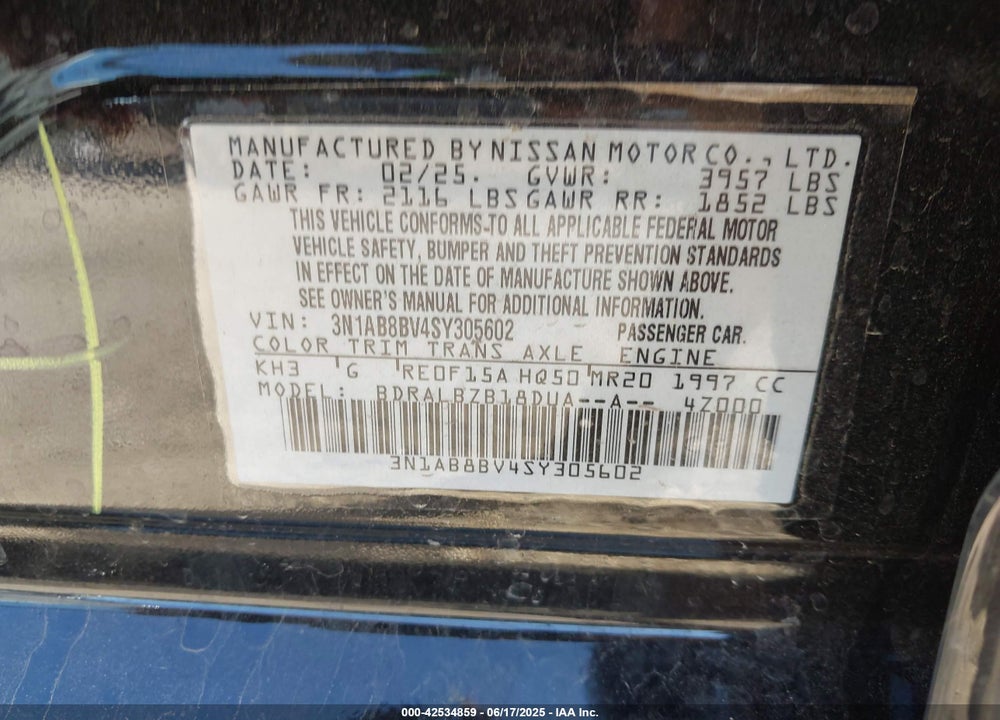 2025 NISSAN SENTRA S VIN: 3N1AB8BV4SY305602
