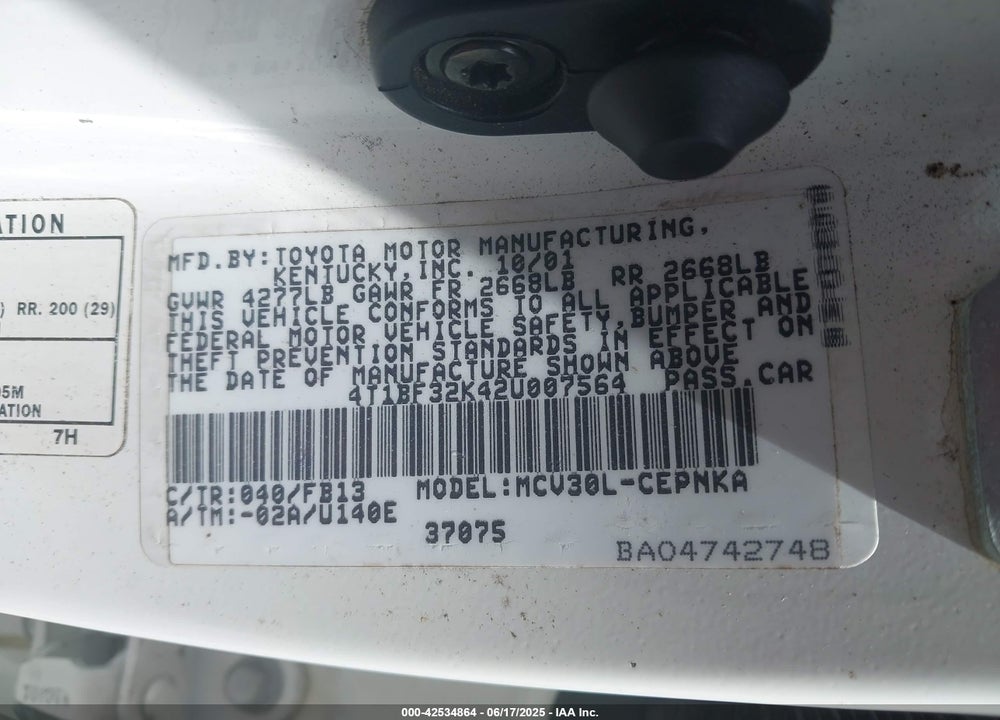 2002 TOYOTA CAMRY LE V6 VIN: 4T1BF32K42U007564