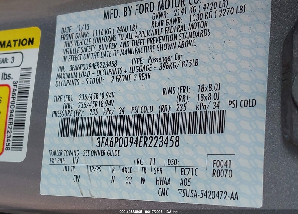 2014 FORD FUSION VIN: 3FA6P0D94ER223458