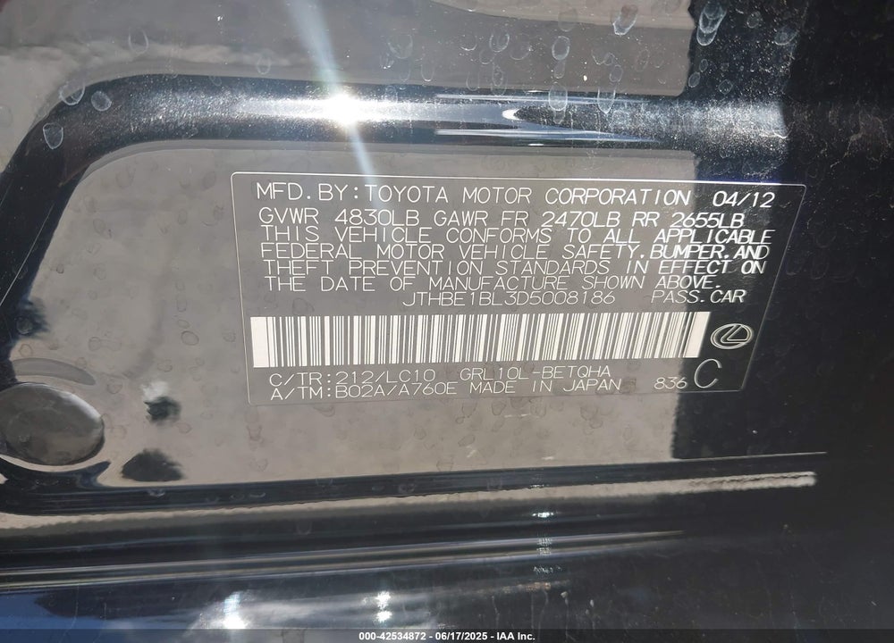 2013 LEXUS GS VIN: JTHBE1BL3D5008186