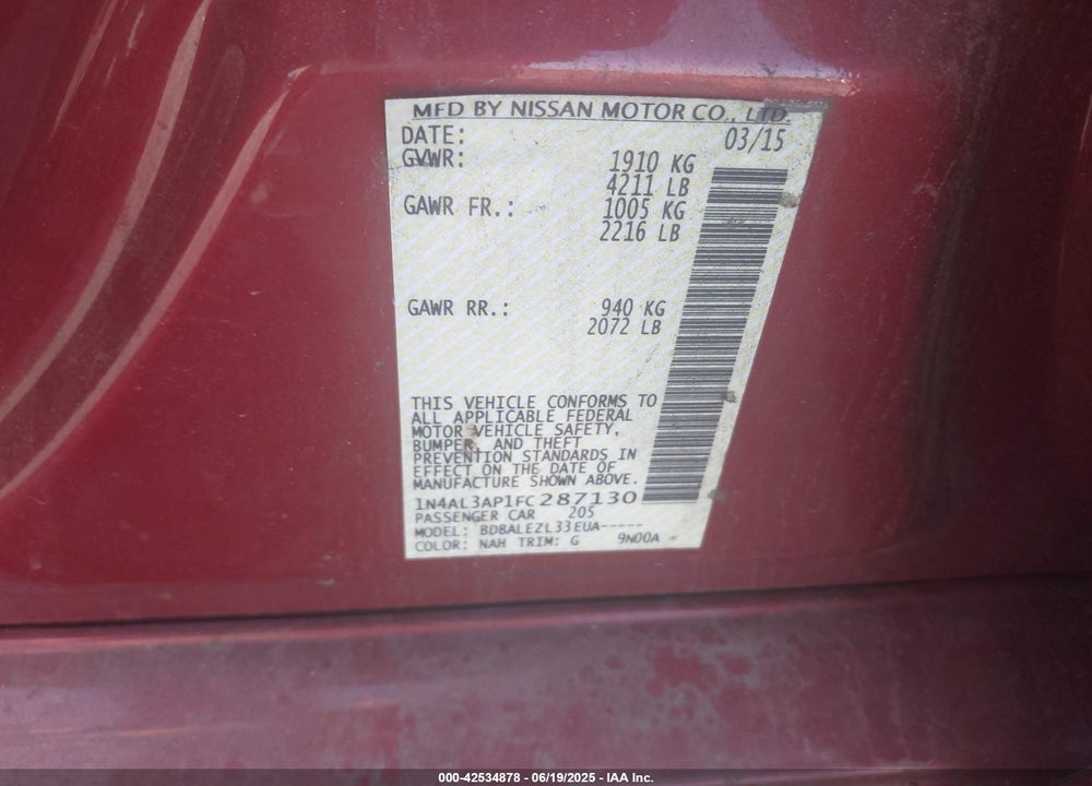 2015 NISSAN ALTIMA VIN: 1N4AL3AP1FC287130