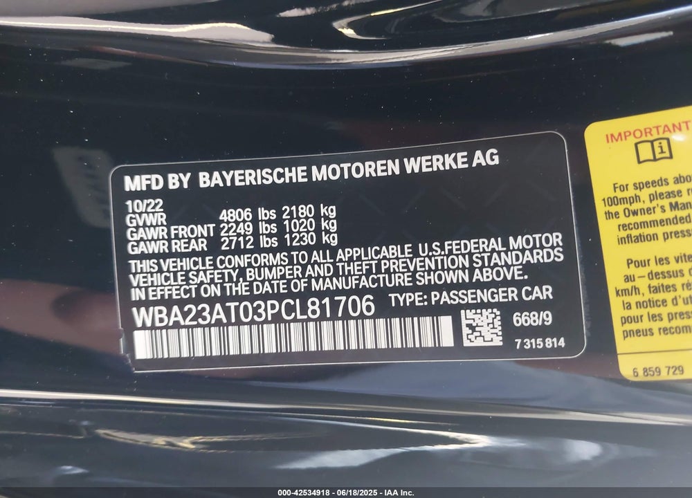 2023 BMW 4 SERIES VIN: WBA23AT03PCL81706