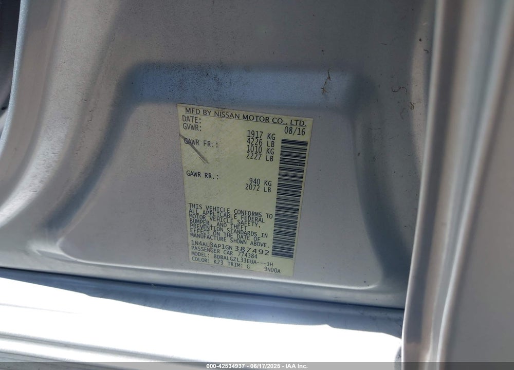2016 NISSAN ALTIMA VIN: 1N4AL3AP1GN387492