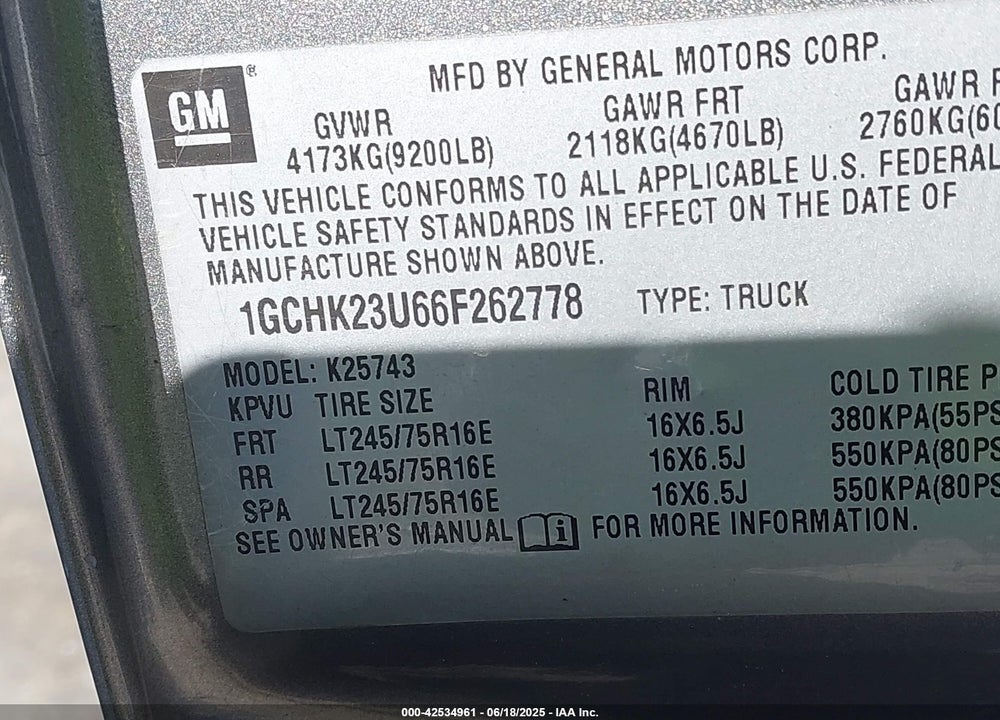 2006 CHEVROLET SILVERADO 2500HD VIN: 1GCHK23U66F262778