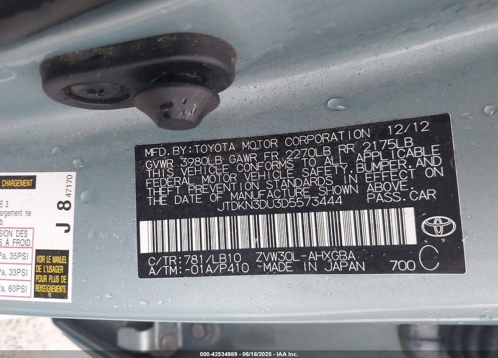 2013 TOYOTA PRIUS VIN: JTDKN3DU3D5573444
