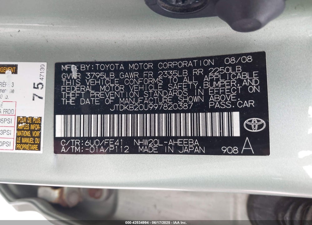 2009 TOYOTA PRIUS VIN: JTDKB20U997820387