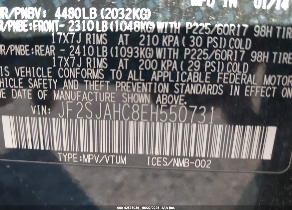 2014 SUBARU FORESTER VIN: JF2SJAHC8EH550731