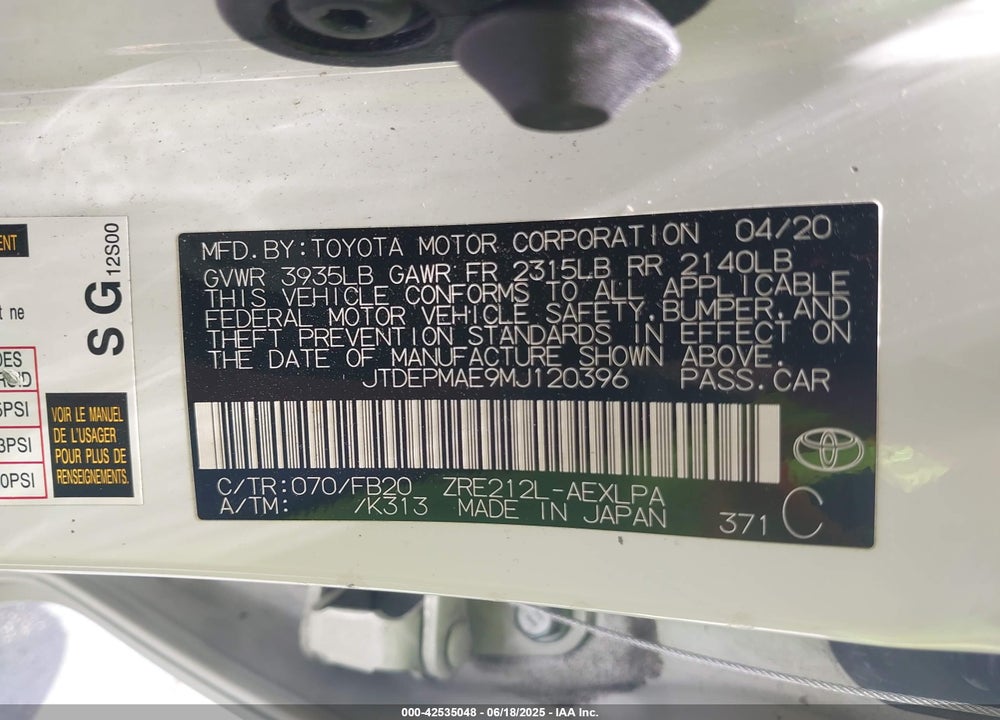 2021 TOYOTA COROLLA VIN: JTDEPMAE9MJ120396