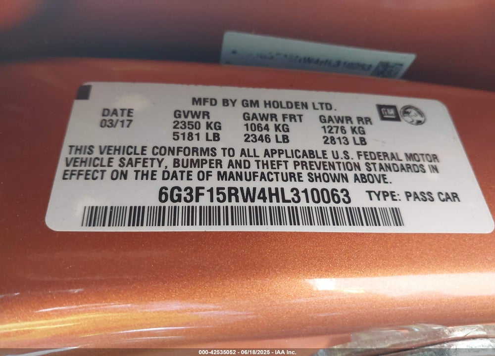 2017 CHEVROLET SS VIN: 6G3F15RW4HL310063