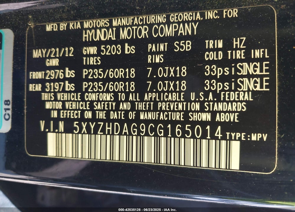 2012 HYUNDAI SANTA FE VIN: 5XYZHDAG9CG165014