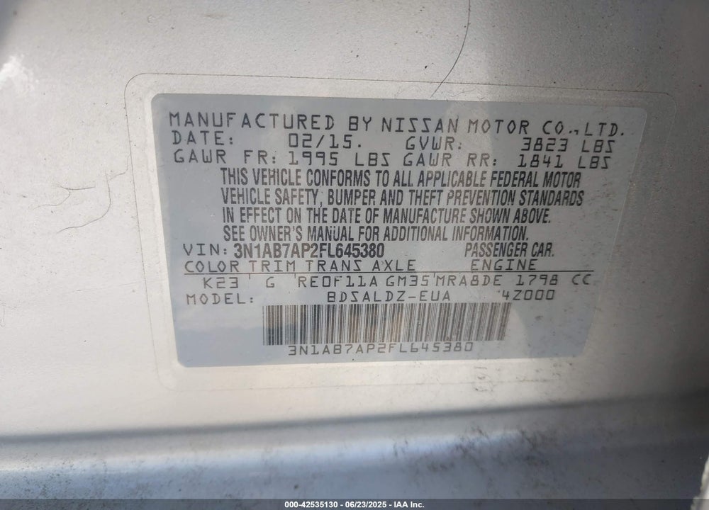 2015 NISSAN SENTRA VIN: 3N1AB7AP2FL645380