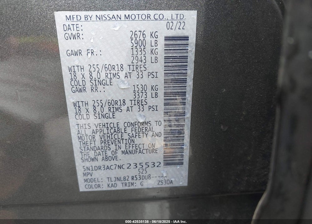 2022 NISS PATHFINDER S 4WD VIN: 5N1DR3AC7NC235532