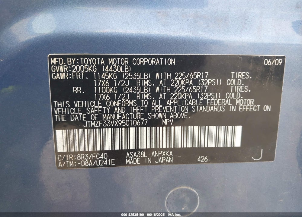2009 TOYOTA RAV4 VIN: JTMZF33VX95010677