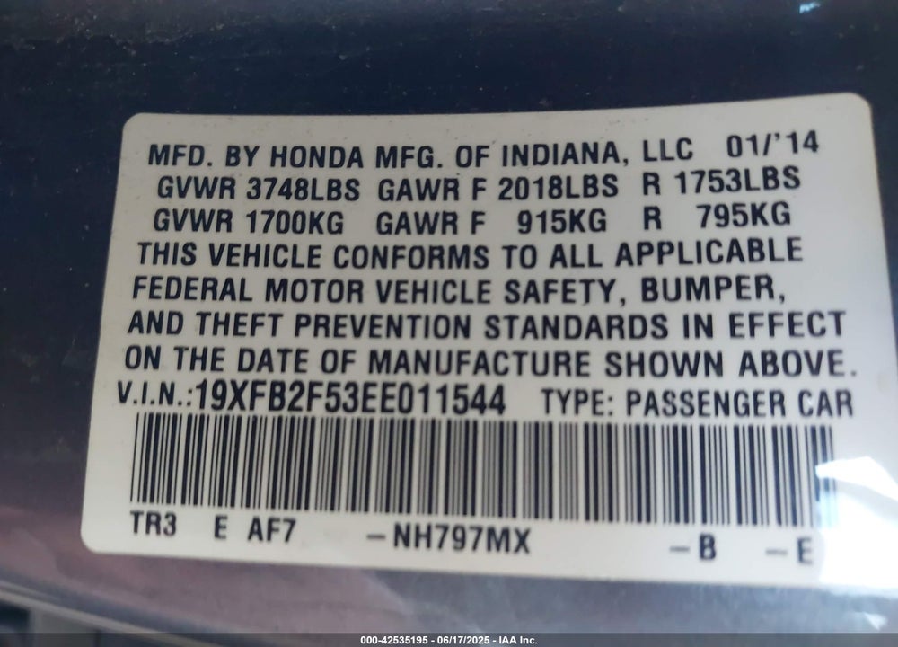 2014 HONDA CIVIC VIN: 19XFB2F53EE011544