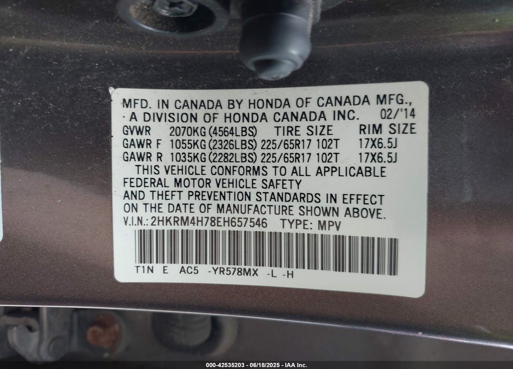 2014 HONDA CR-V VIN: 2HKRM4H78EH657546