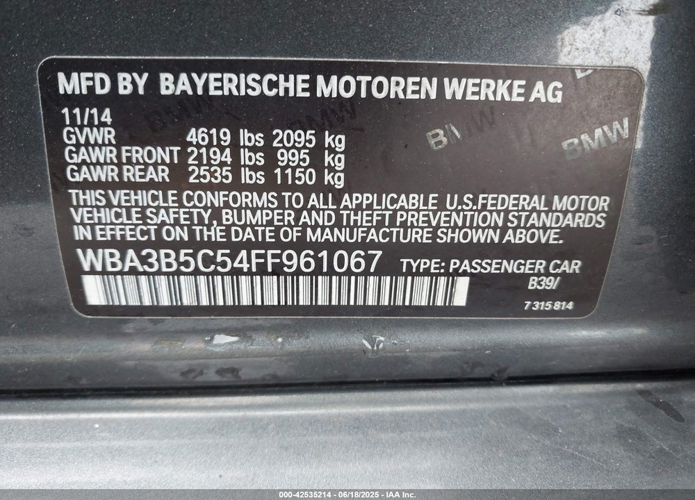 2015 BMW 3 SERIES VIN: WBA3B5C54FF961067