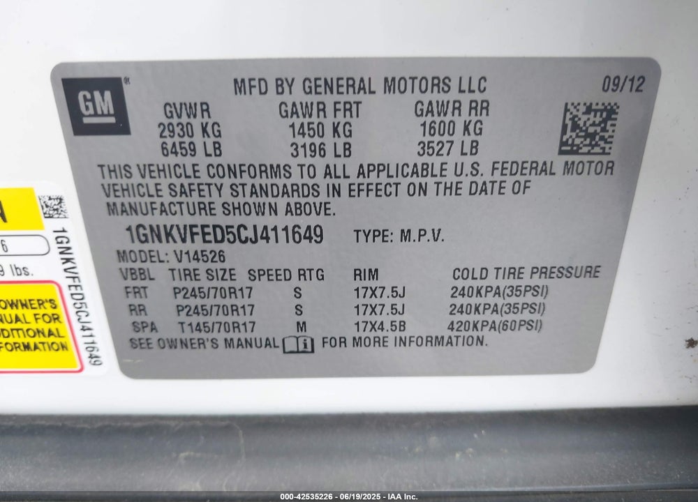 2012 CHEVROLET TRAVERSE VIN: 1GNKVFED5CJ411649