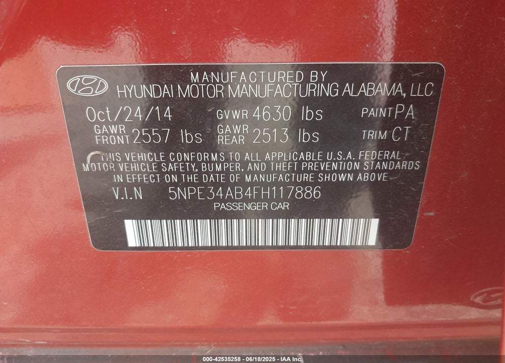 2015 HYUNDAI SONATA VIN: 5NPE34AB4FH117886