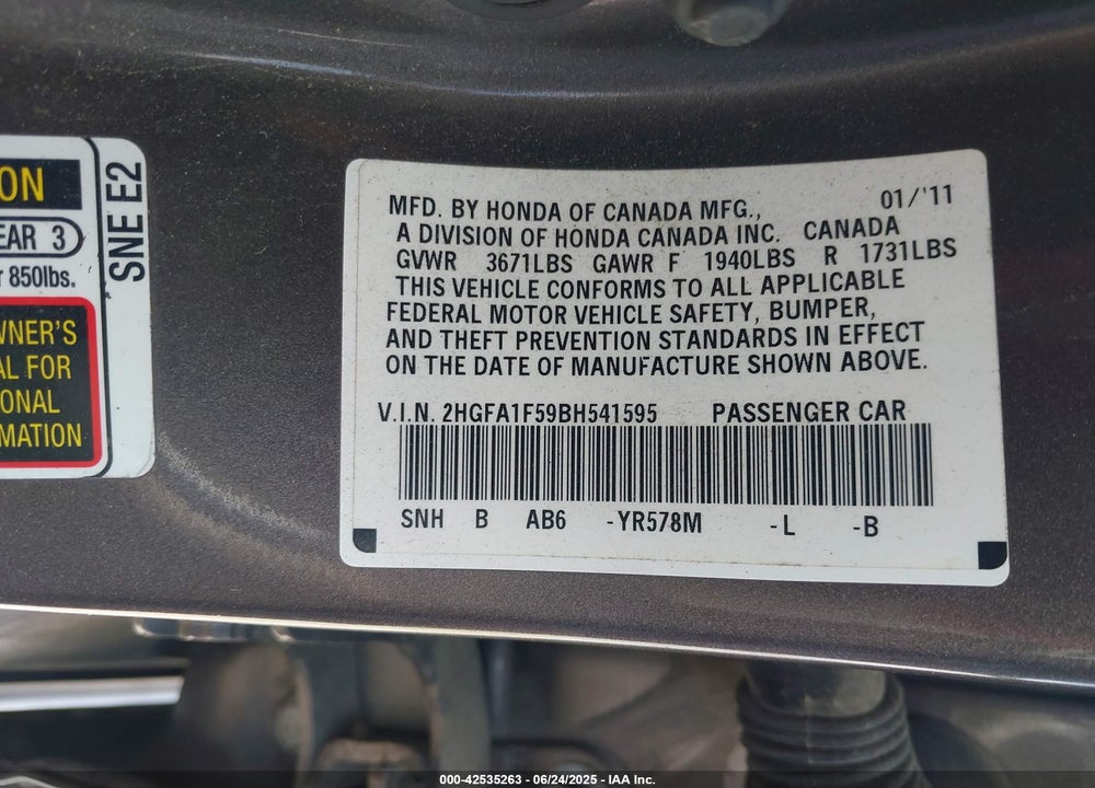 2011 HONDA CIVIC VIN: 2HGFA1F59BH541595