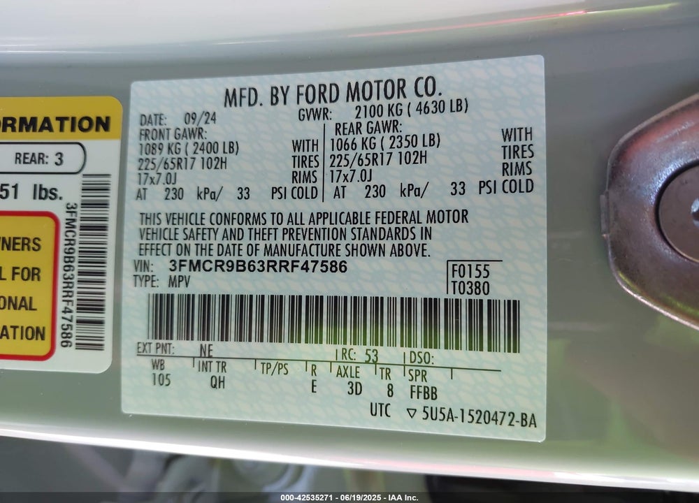 2024 FORD BRONCO SPORT VIN: 3FMCR9B63RRF47586