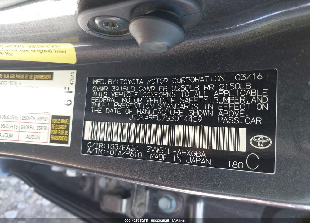 2016 TOYOTA PRIUS VIN: JTDKARFU7G3014409