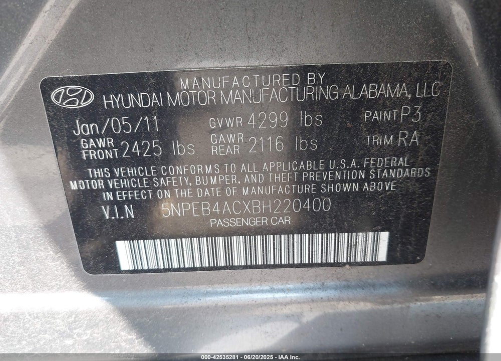 2011 HYUNDAI SONATA VIN: 5NPEB4ACXBH220400