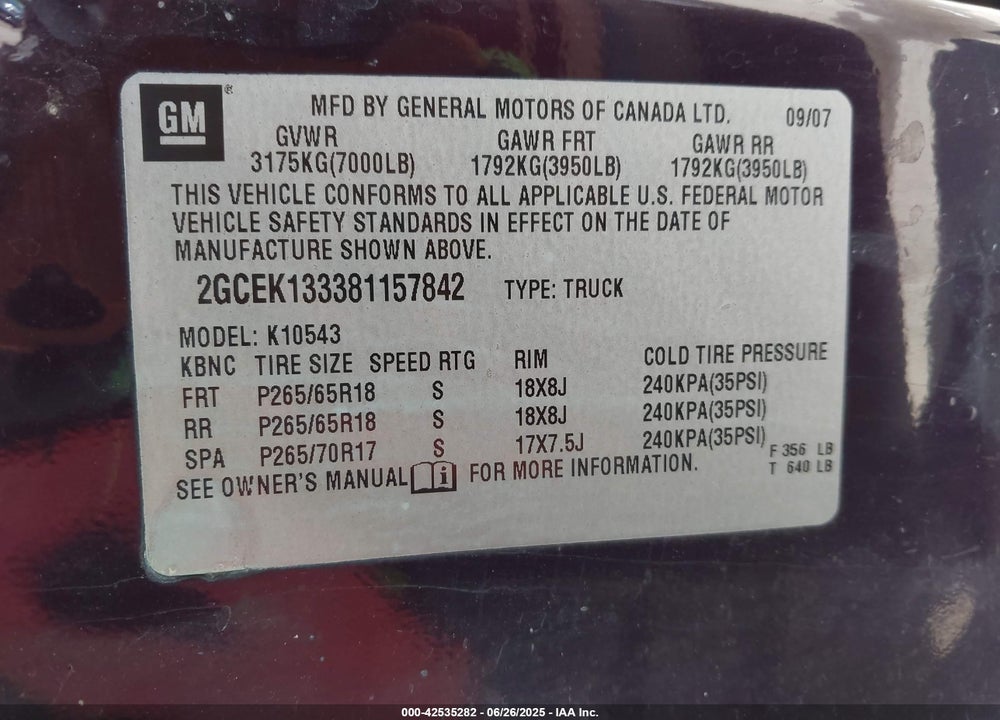 2008 CHEVROLET SILVERADO 1500 VIN: 2GCEK133381157842
