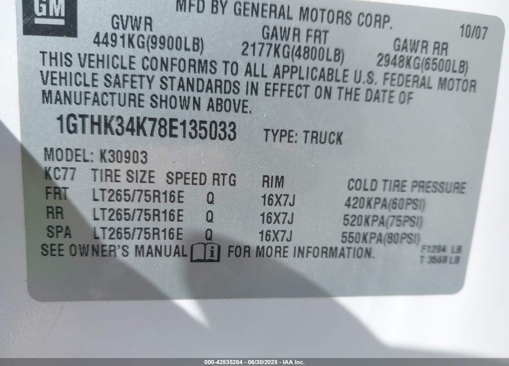 2008 GMC SIERRA 3500HD WORK TRUCK VIN: 1GTHK34K78E135033