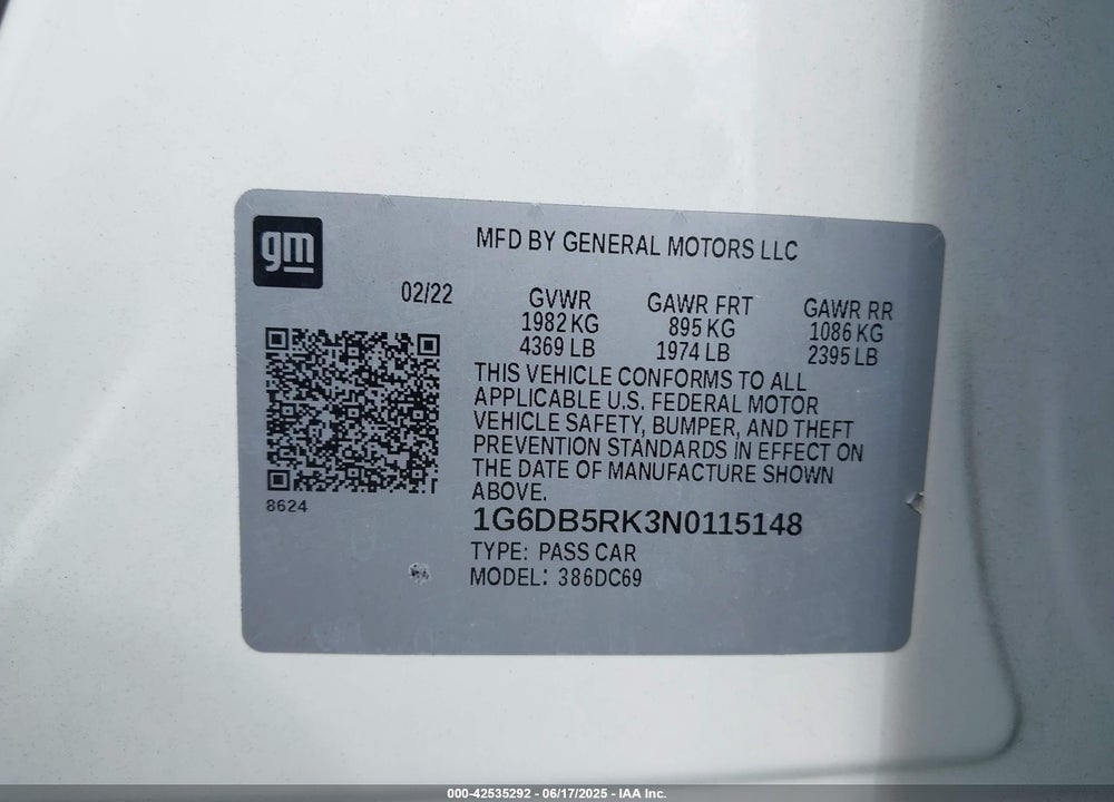 2022 CADILLAC CT4 VIN: 1G6DB5RK3N0115148