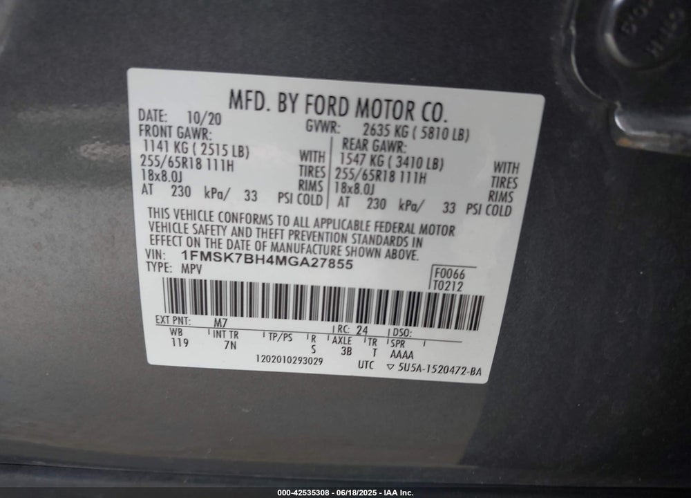 2021 FORD EXPLORER VIN: 1FMSK7BH4MGA27855