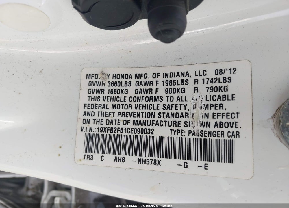 2012 HONDA CIVIC VIN: 19XFB2F51CE090032