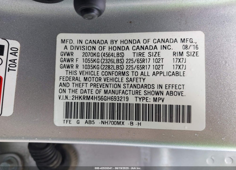 2016 HONDA CR-V EX VIN: 2HKRM4H56GH693219