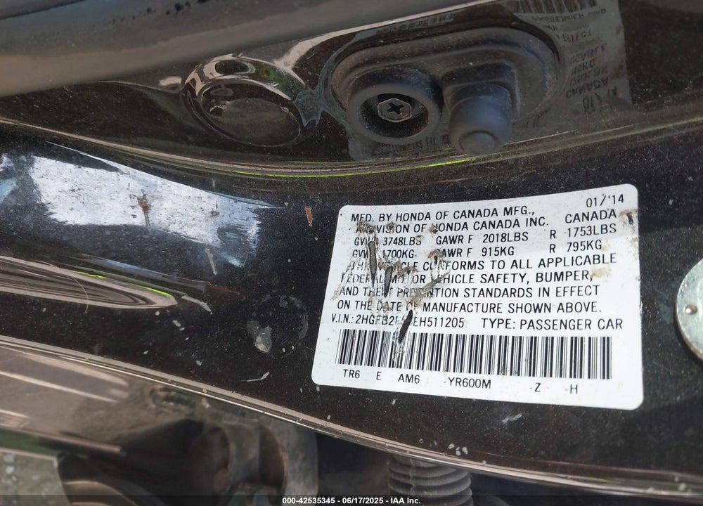 2014 HONDA CIVIC LX VIN: 2HGFB2F58EH511205