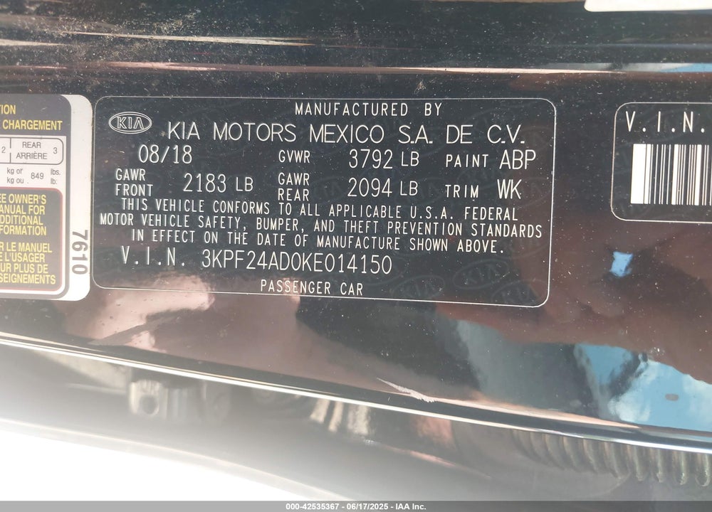 2019 KIA FORTE VIN: 3KPF24AD0KE014150