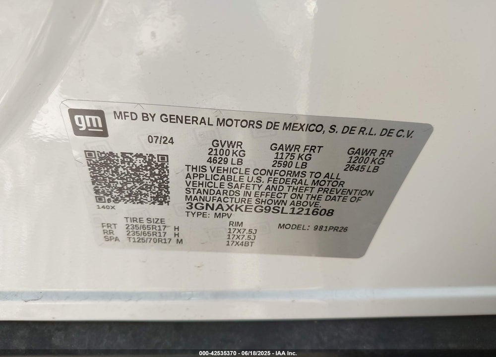 2025 CHEVROLET EQUINOX VIN: 3GNAXKEG9SL121608