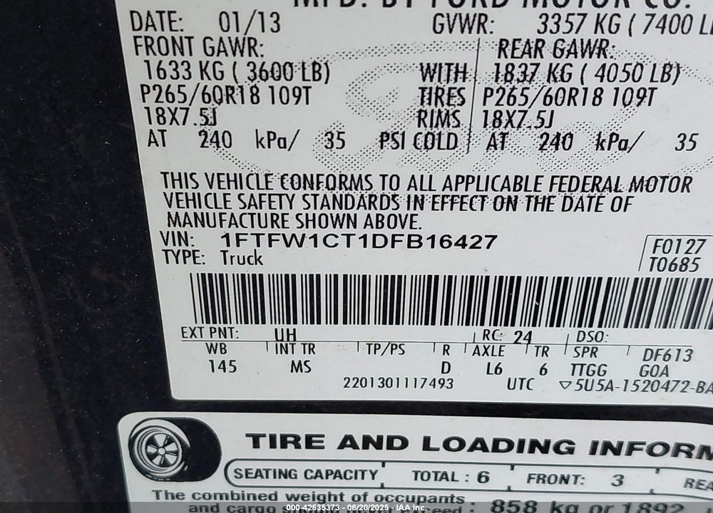 2013 FORD F150 VIN: 1FTFW1CT1DFB16427