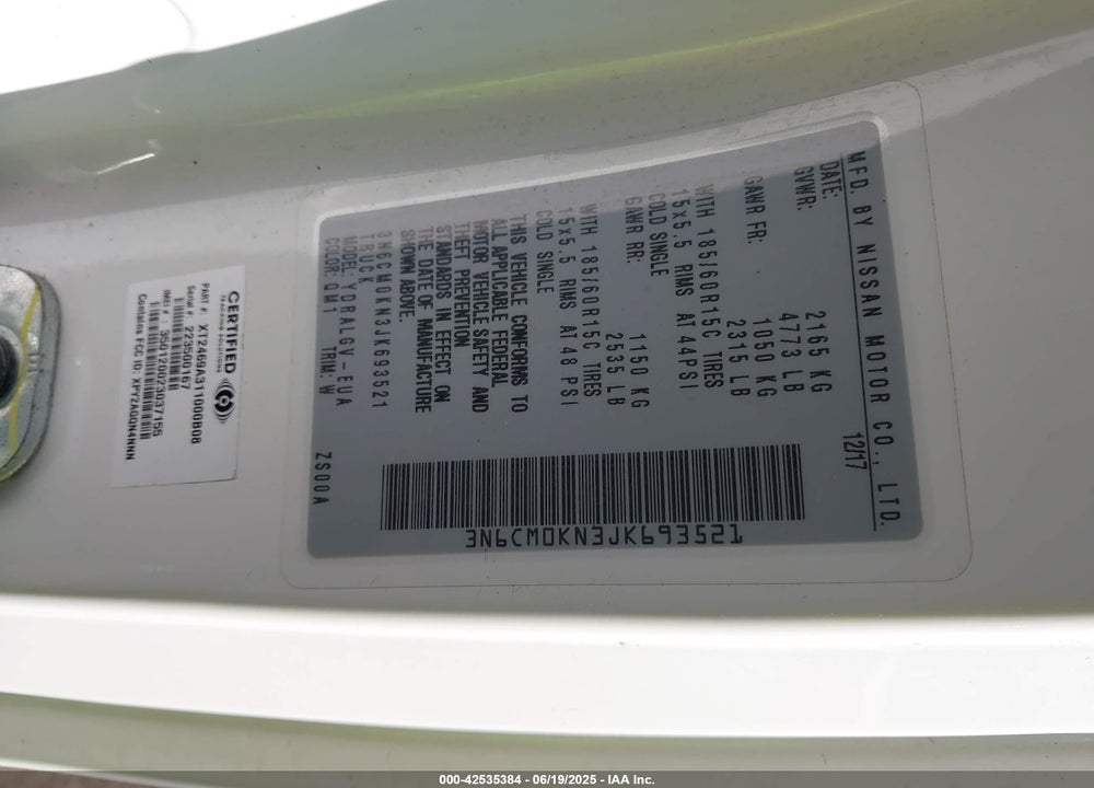2018 NISSAN NV200 SV VIN: 3N6CM0KN3JK693521