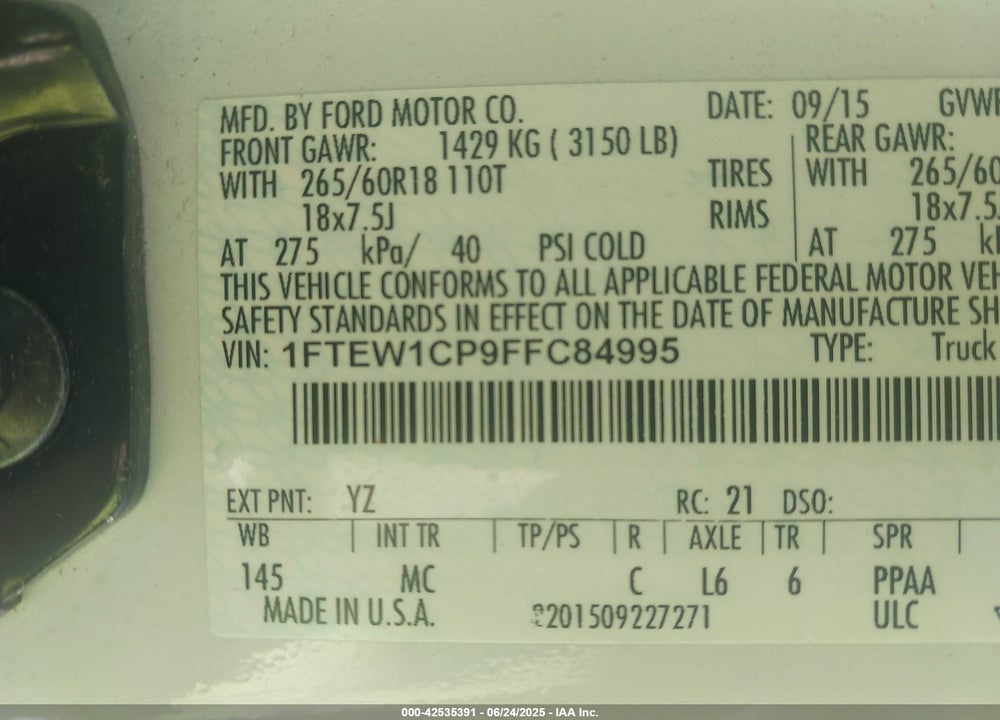 2015 FORD F-150 VIN: 1FTEW1CP9FFC84995