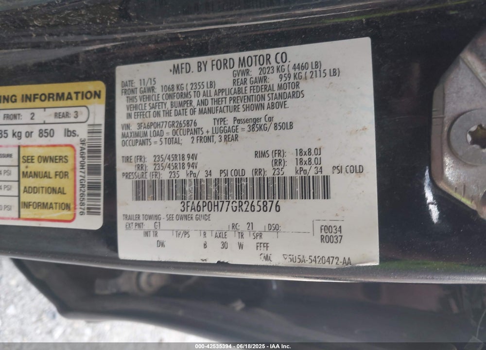 2016 FORD FUSION VIN: 3FA6P0H77GR265876