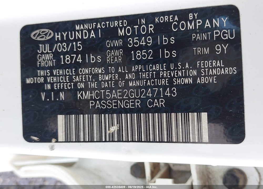 2016 HYUNDAI ACCENT VIN: KMHCT5AE2GU247143