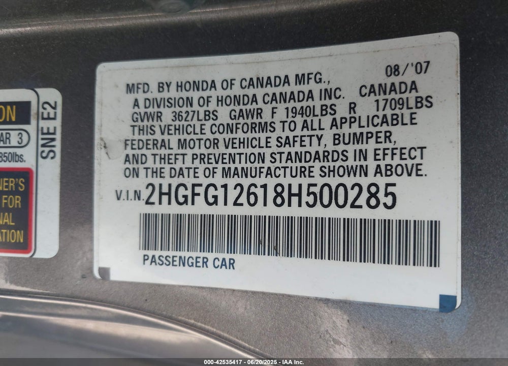 2008 HONDA CIVIC VIN: 2HGFG12618H500285