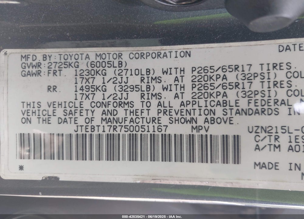 2005 TOYOTA 4RUNNER LIMITED V8 VIN: JTEBT17R750051167